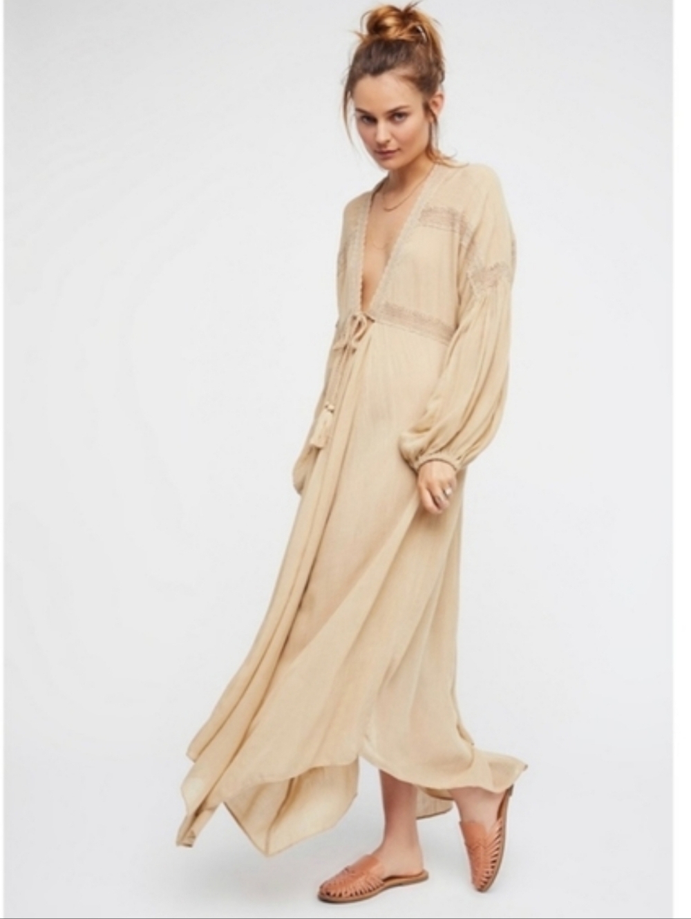 Free People Intimetly Tan Maxi Lace Trim Dress Large